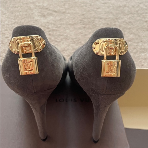 Louis Vuitton Charcoal Suede Heels with Gold Locks - Picture 1 of 9